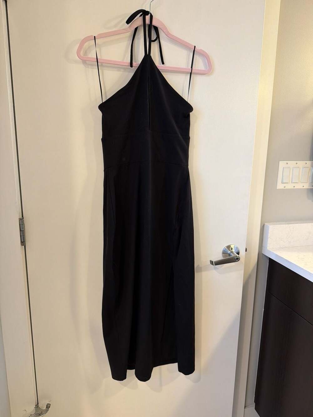 Susana Monaco Black Keyhole Halter Midi Dress with Slit